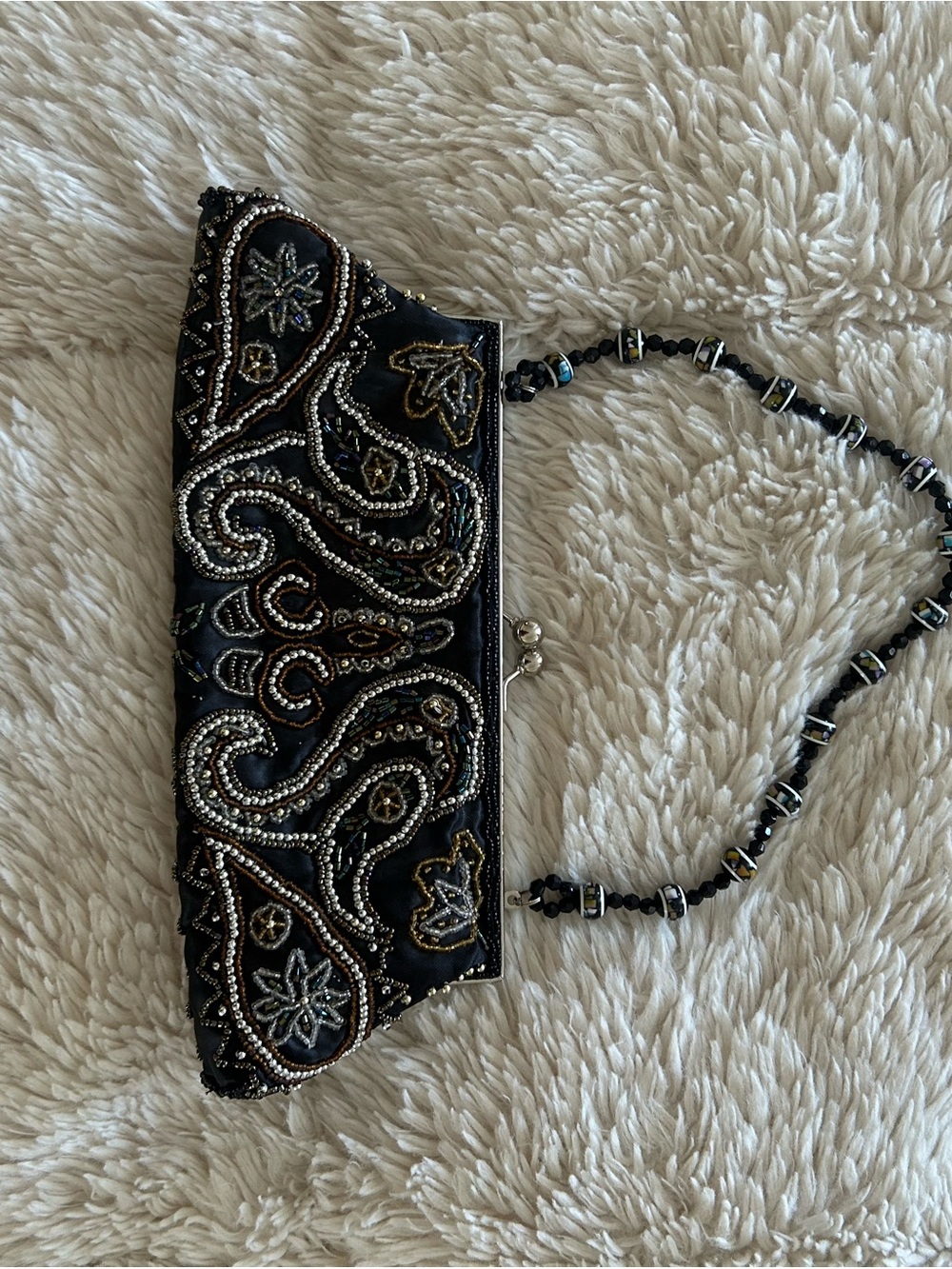 Black Beaded Paisley Evening Clutch with Beaded Strap